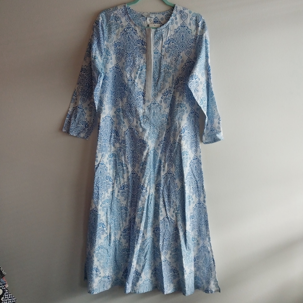 The Company Store Blue & White Damask Floral 3/4 Sleeve Cotton Kaftan NWT